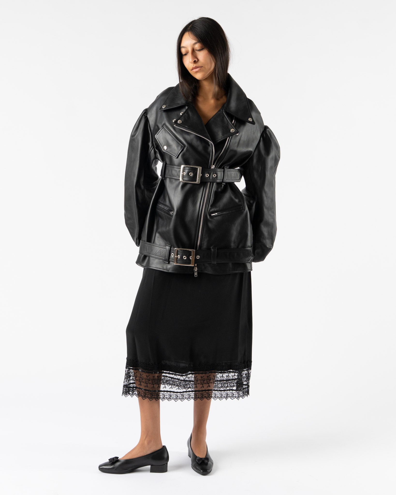 Simone Rocha Belted Long Sculpted Biker Coat in Black
