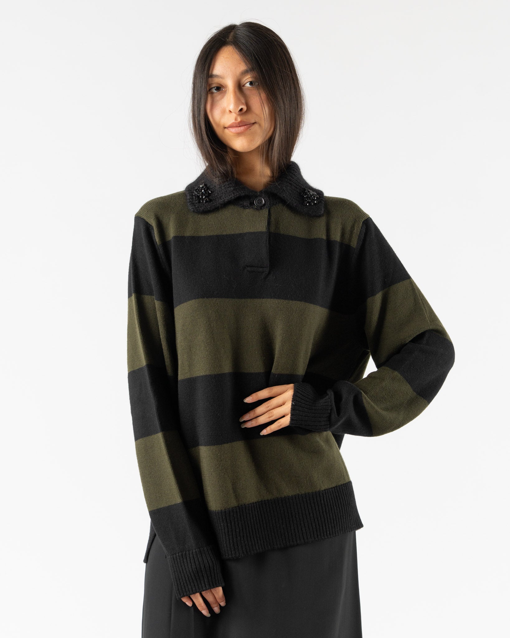 Simone Rocha Fuzzy Collar Striped Rugby Knit Jumper in Khaki/Black Jet