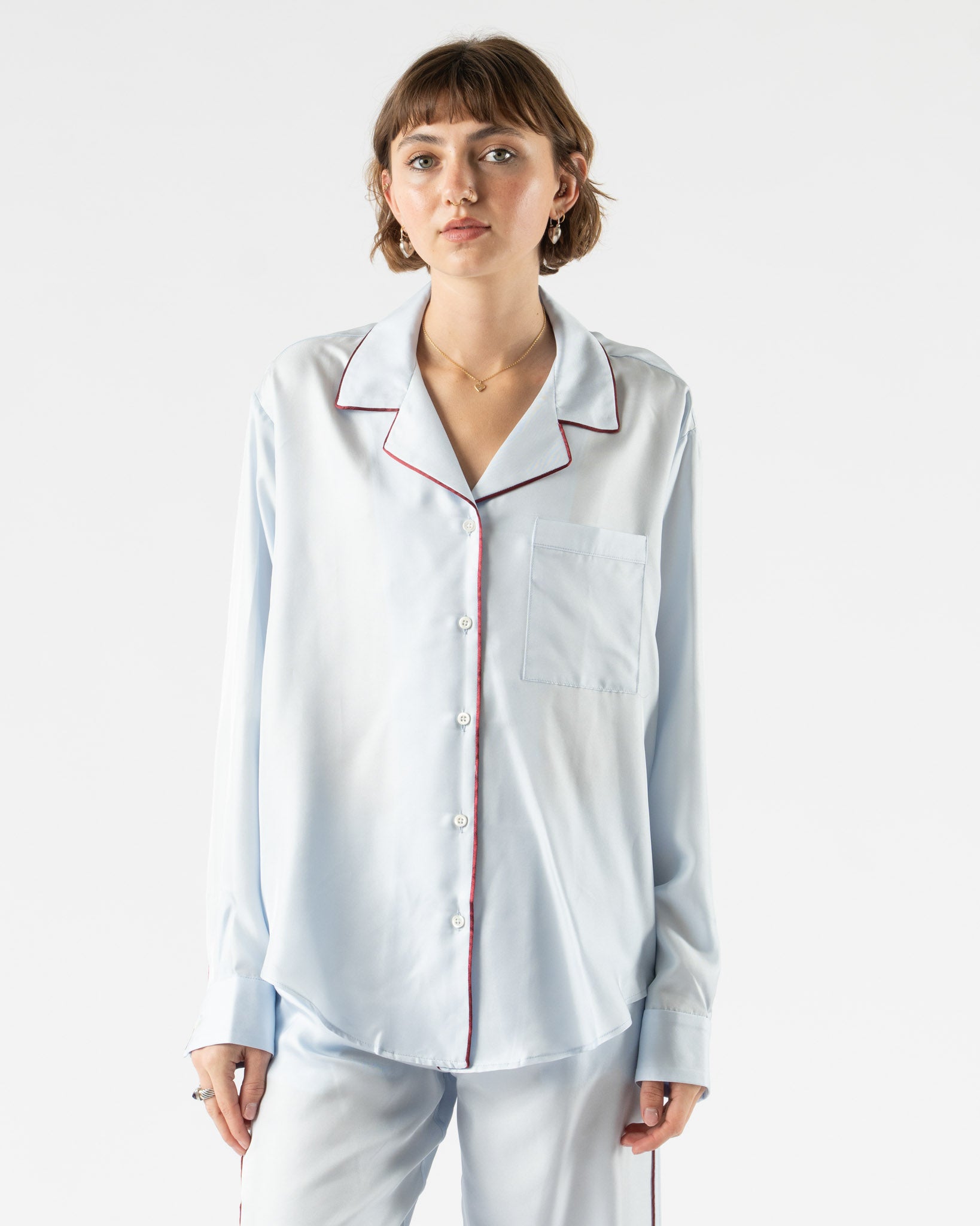 Comme Si Notched Collar Shirt in Glacier/Maroon