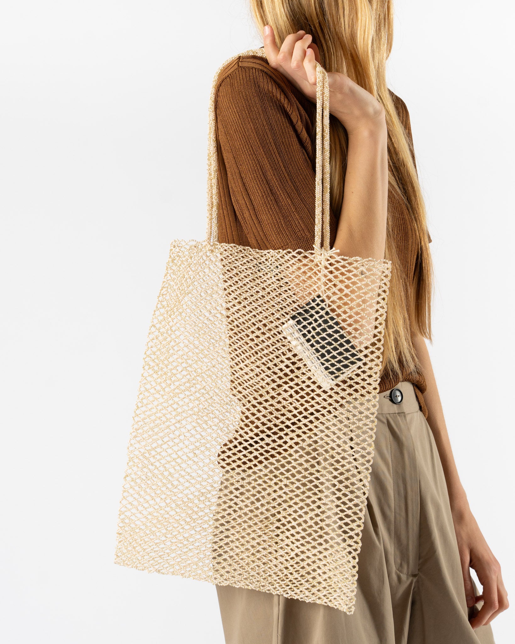 Cordera Handmade Beaded Tote Bag in Cream