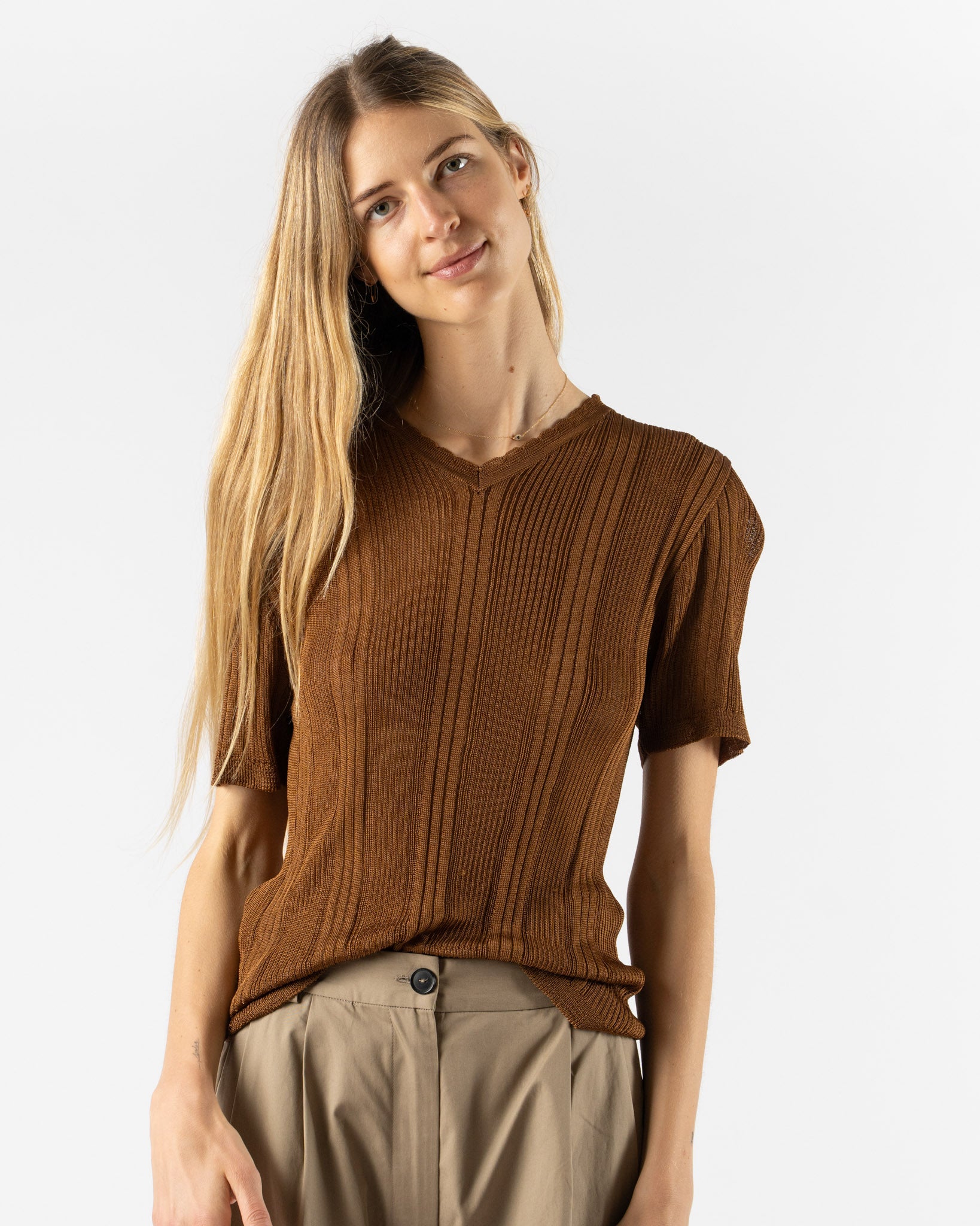 Cordera Ribbed Knit T-Shirt in Tobacco