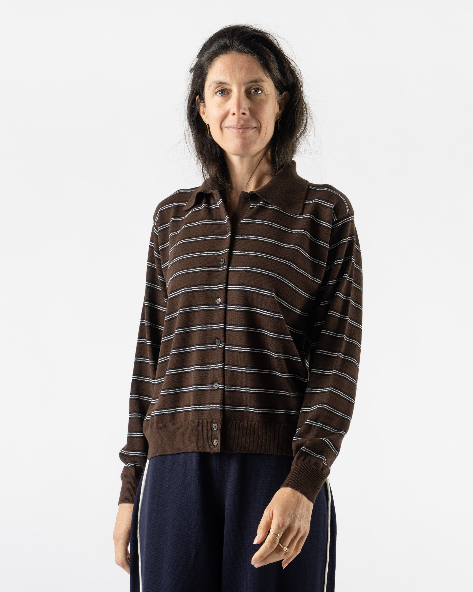 Cordera Organic Cotton Striped Polo Cardigan Brown
