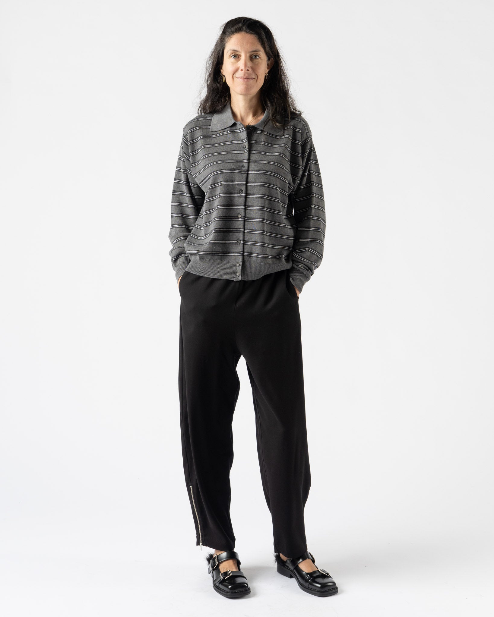 Cordera Organic Cotton Striped Polo Cardigan Grey