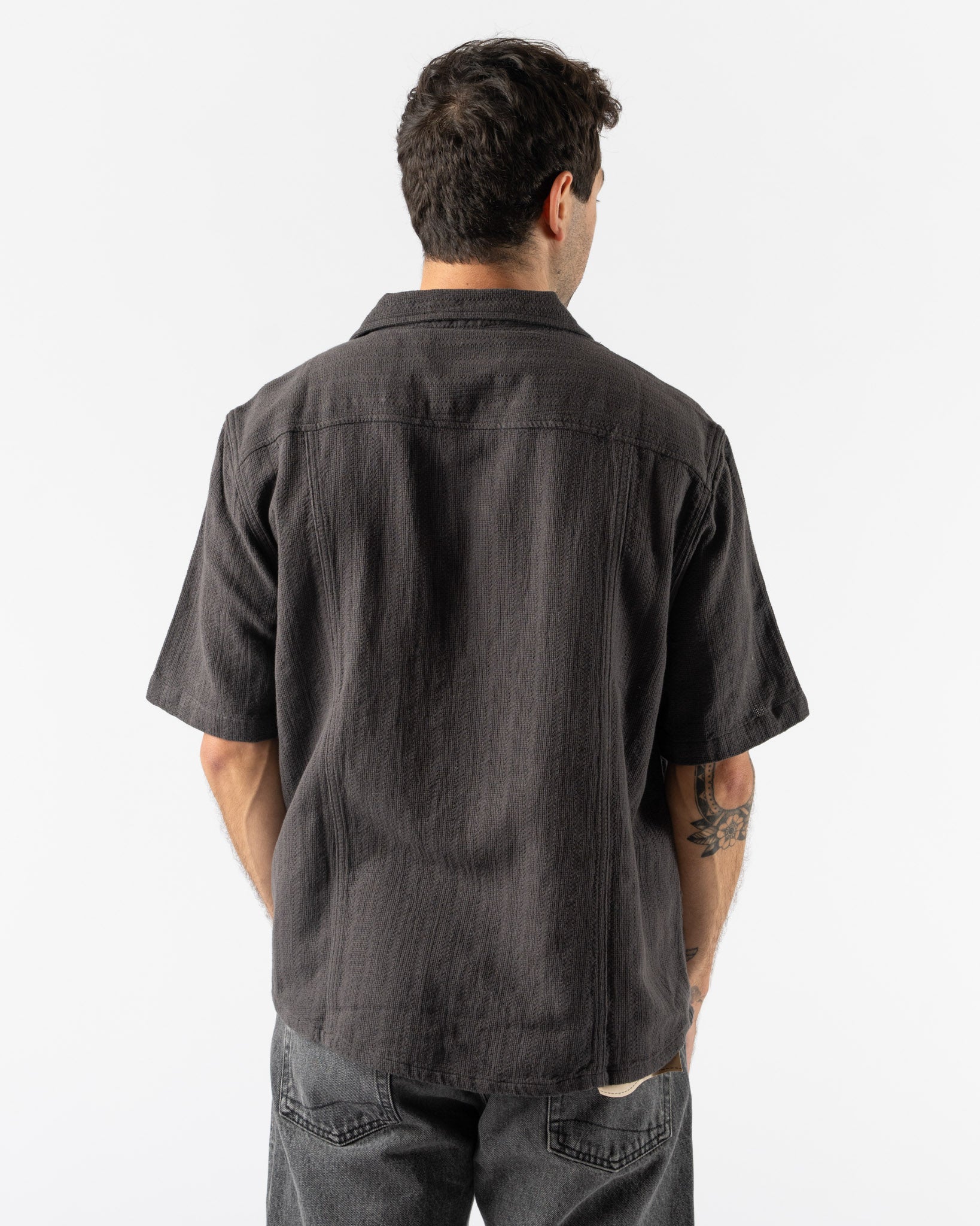 Corridor Basketweave Stripe SS Camp Shirt in Black