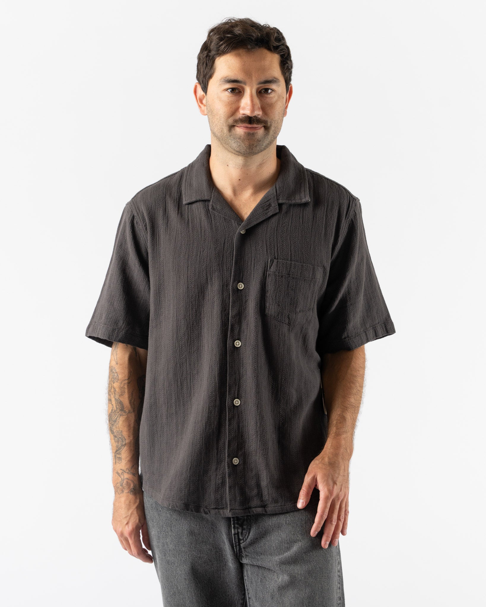 Corridor Basketweave Stripe SS Camp Shirt in Black