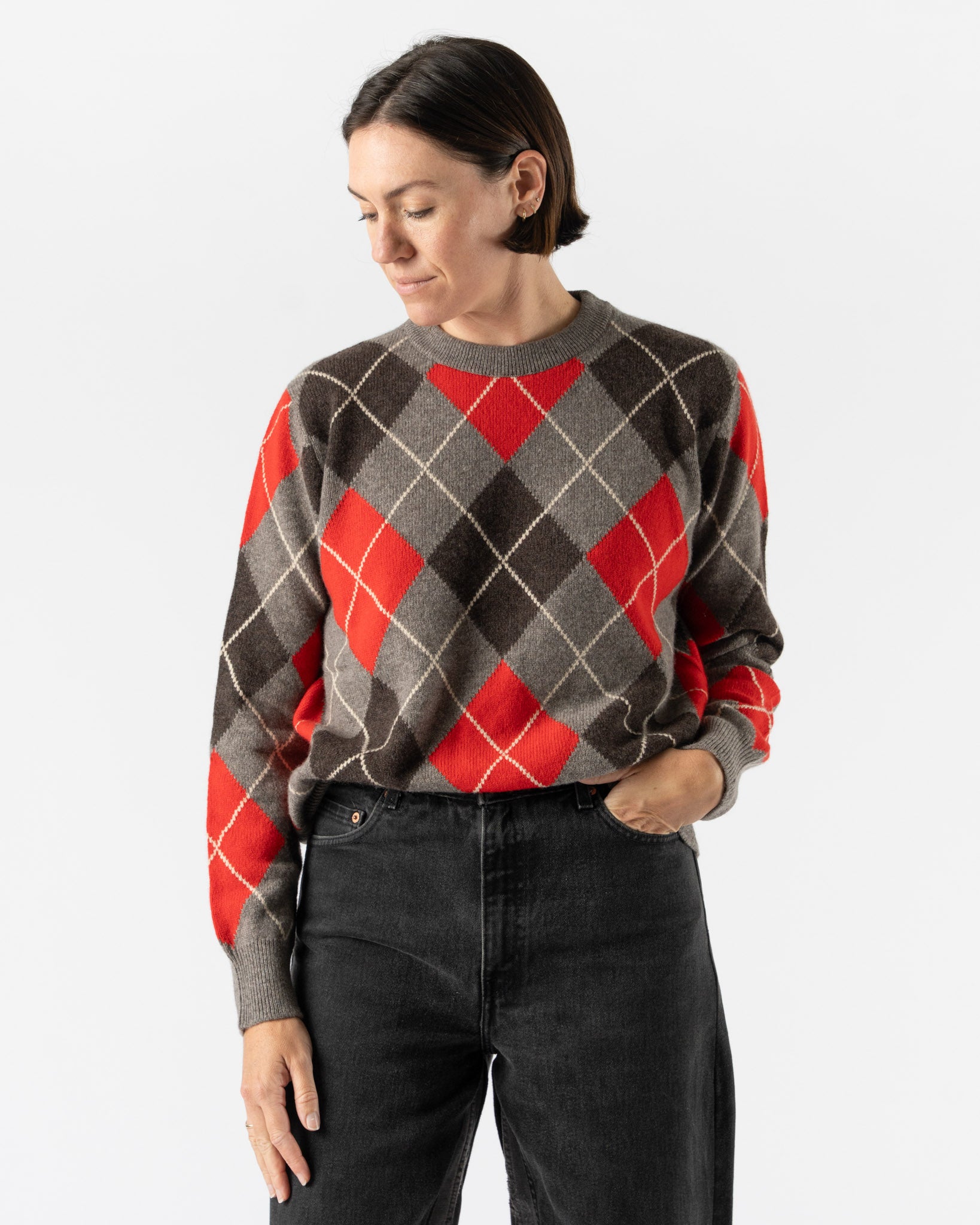 &Daughter Argyle Slouch Crewneck in Grey with Red