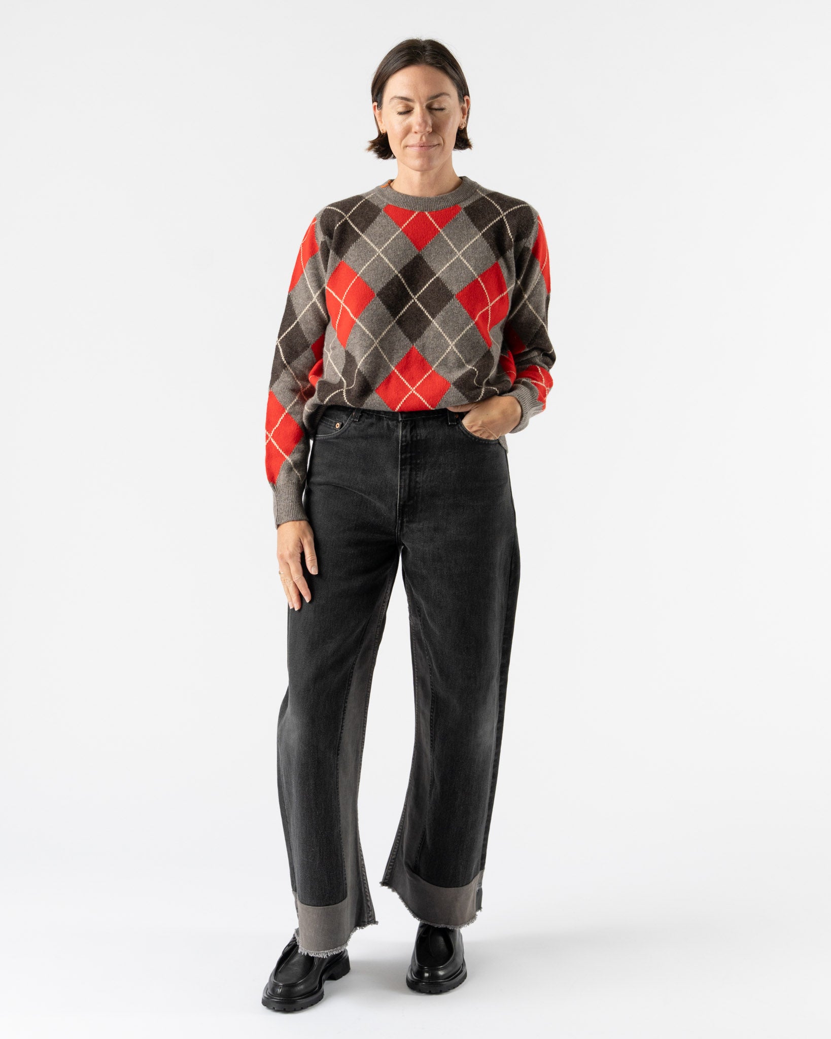 &Daughter Argyle Slouch Crewneck in Grey with Red