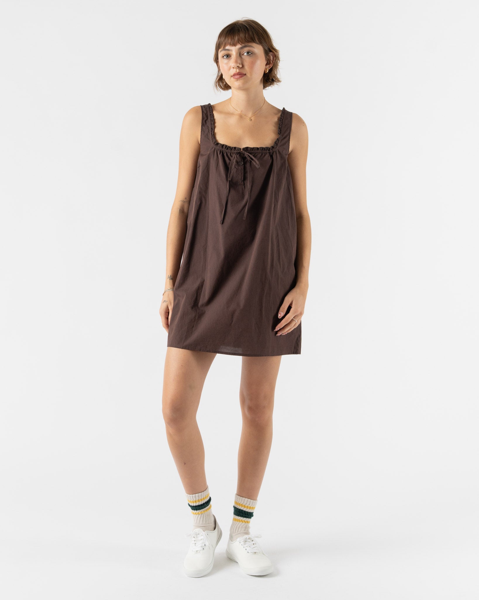 Deiji Studios Button Frill Mini Dress in Umber