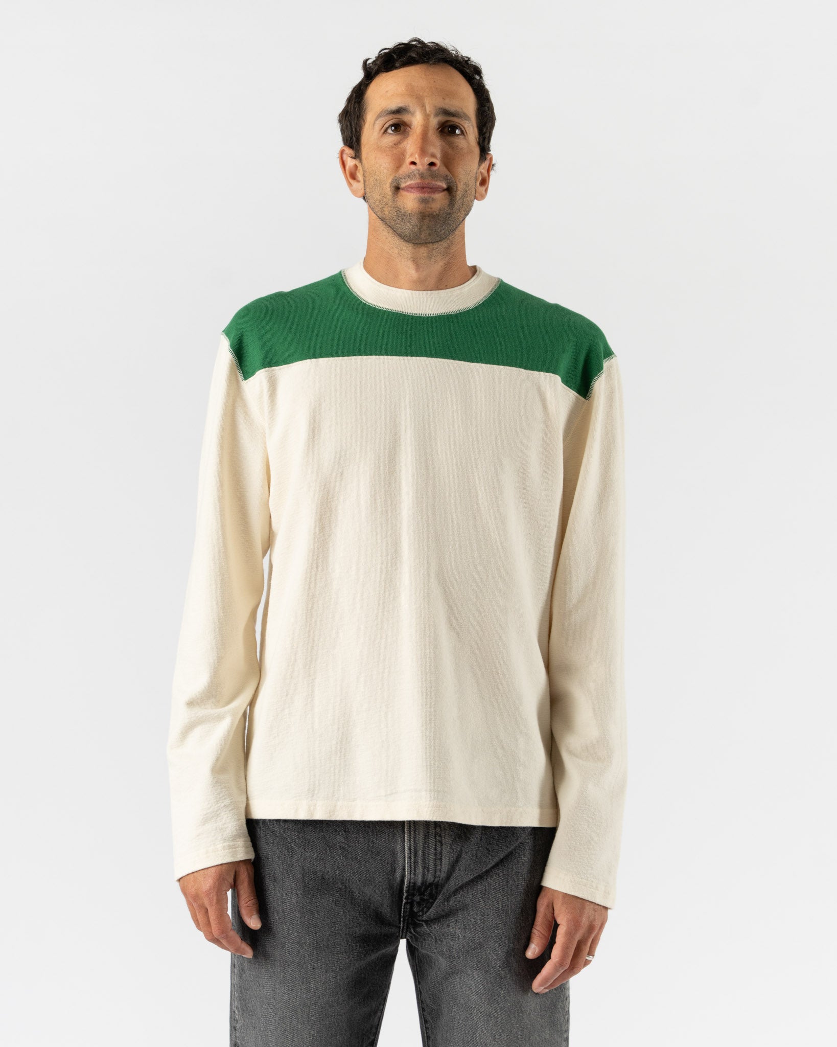 Drake's LS Football Tee in Antique White & Green
