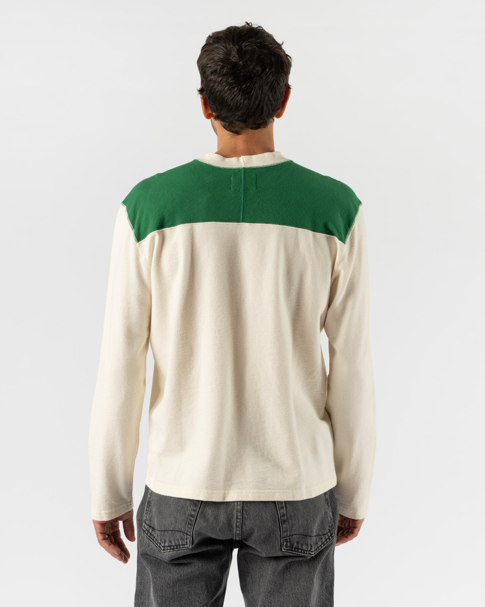 Drake's LS Football Tee in Antique White & Green