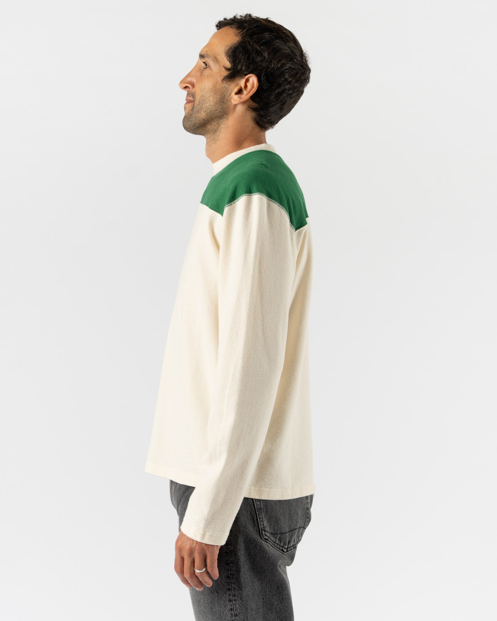 Drake's LS Football Tee in Antique White & Green