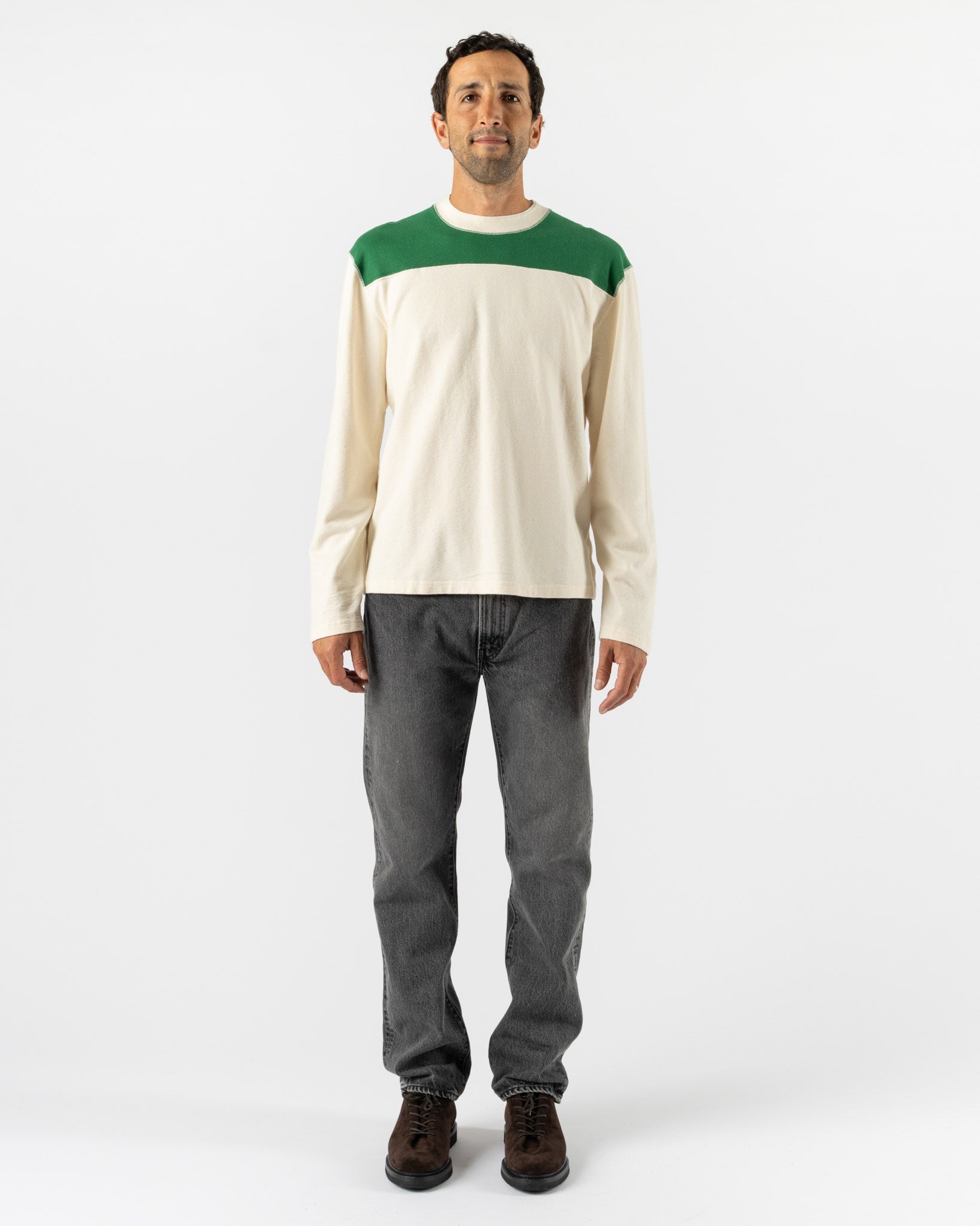 Drake's LS Football Tee in Antique White & Green