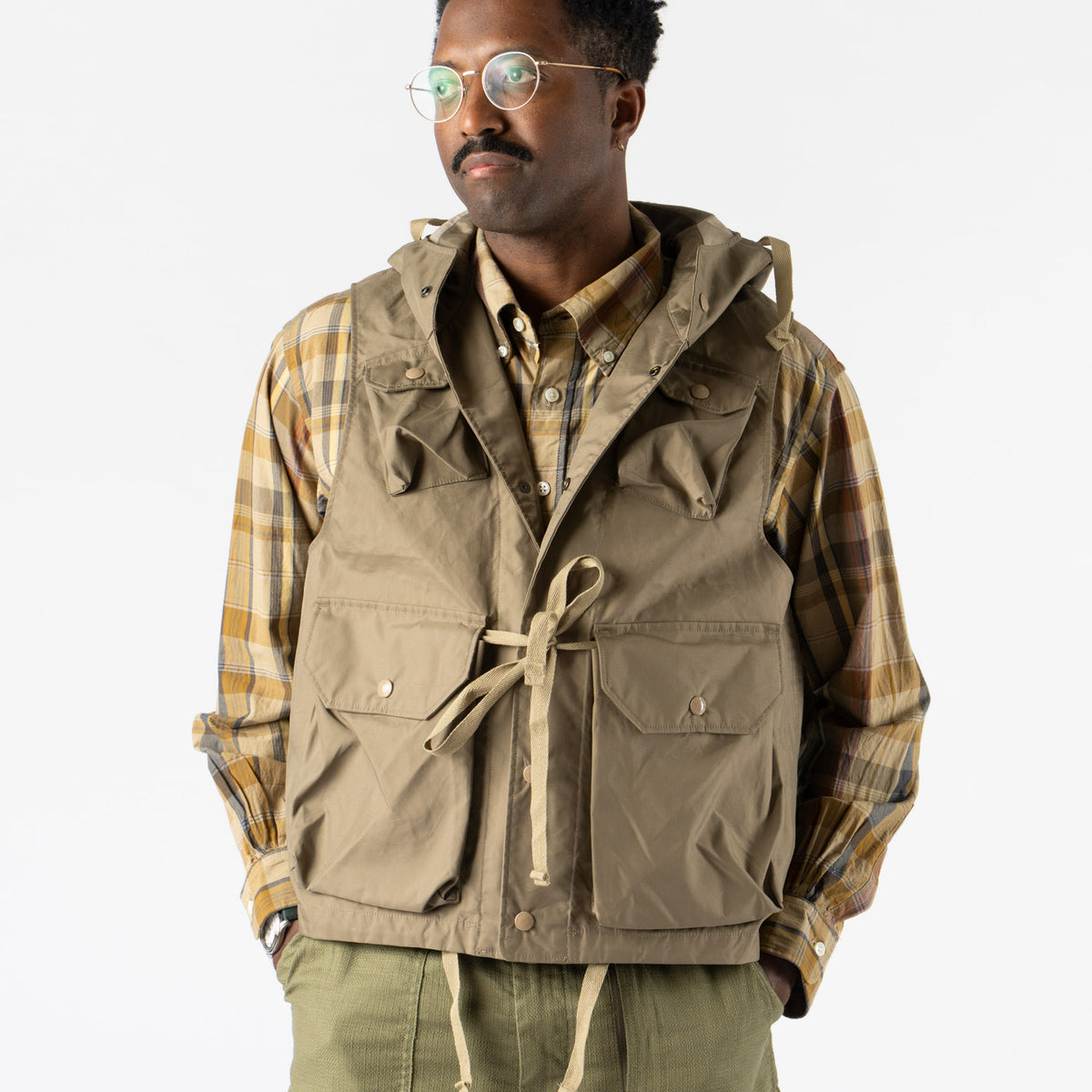 Engineered Garments Field Vest in Khaki 3 Layers Nyco Curated at 