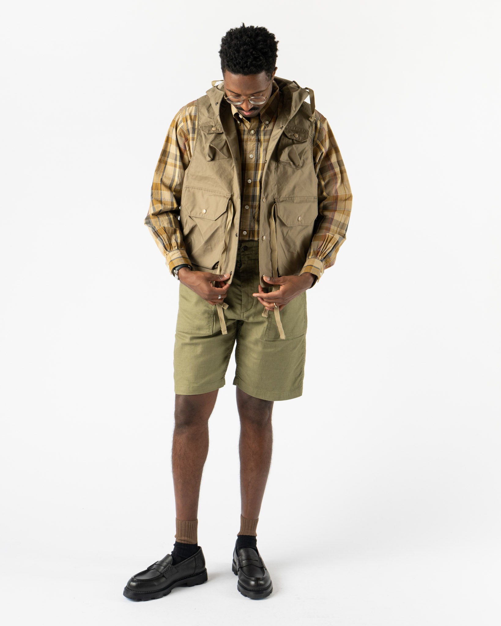 Engineered Garments Field Vest in Khaki 3 Layers Nyco
