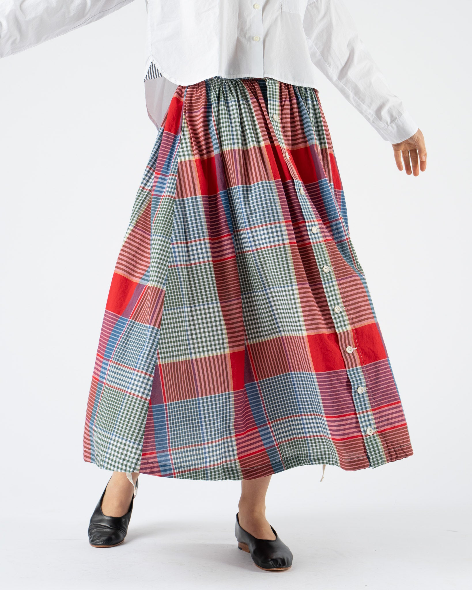 Engineered Garments Gather Skirt in Red/Green Cotton Big Madras Plaid
