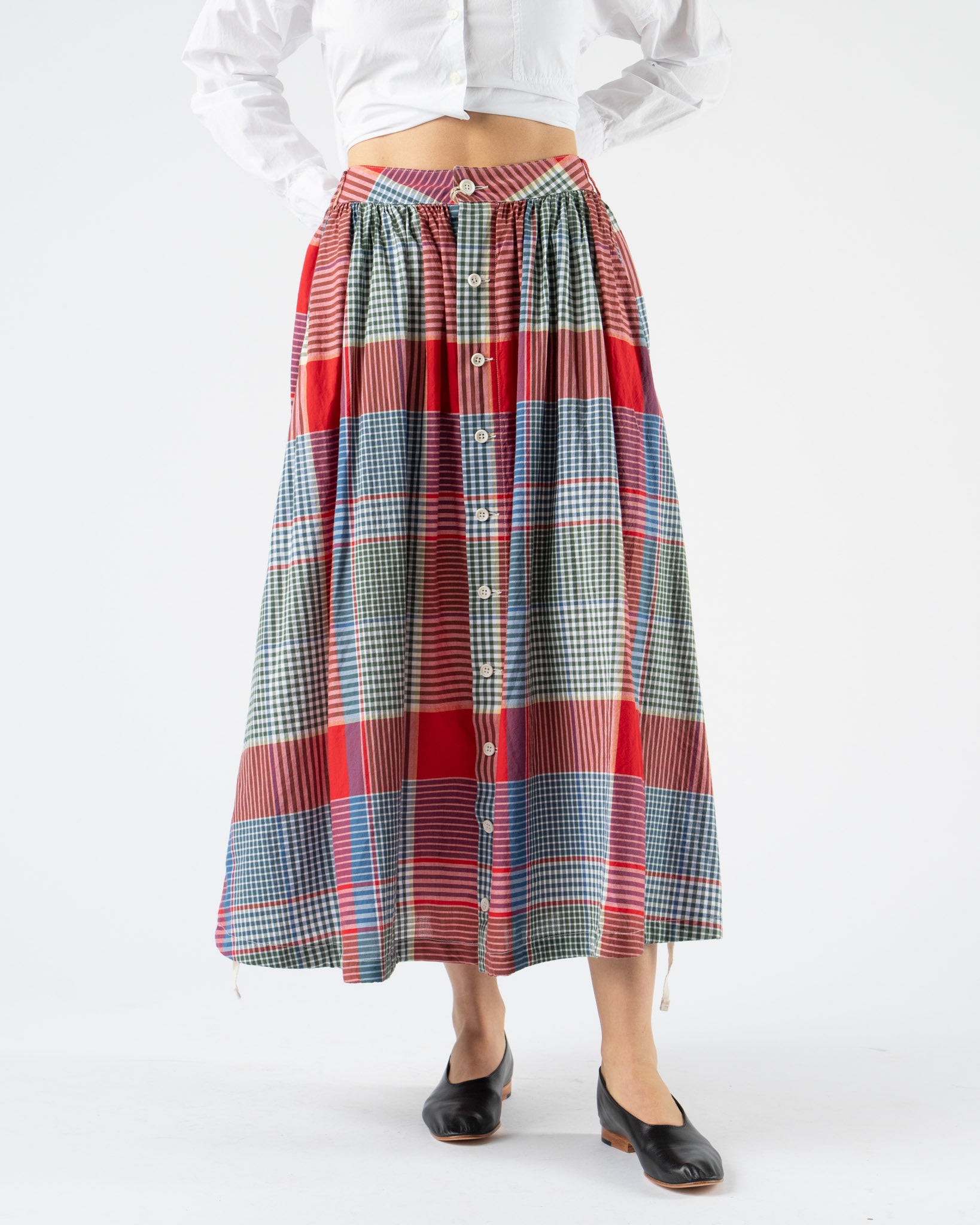 Engineered Garments Gather Skirt in Red/Green Cotton Big Madras Plaid