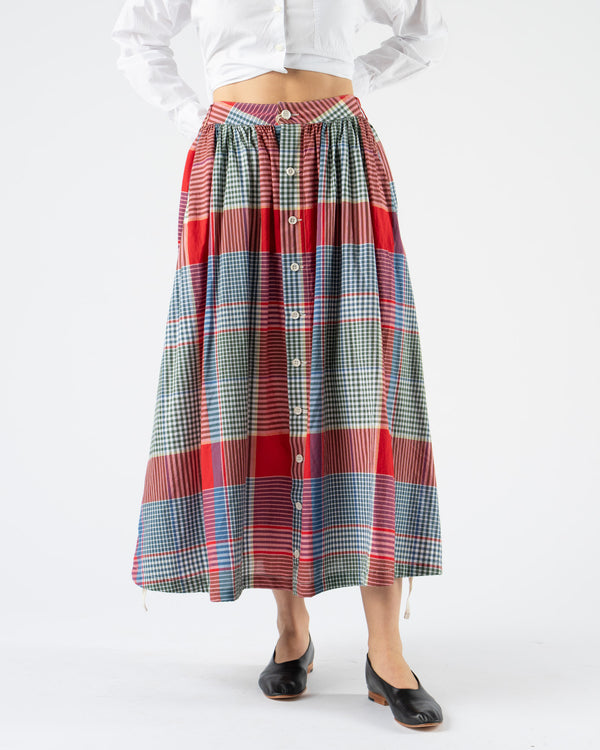 Engineered Garments Gather Skirt in Red/Green Cotton Big Madras Plaid