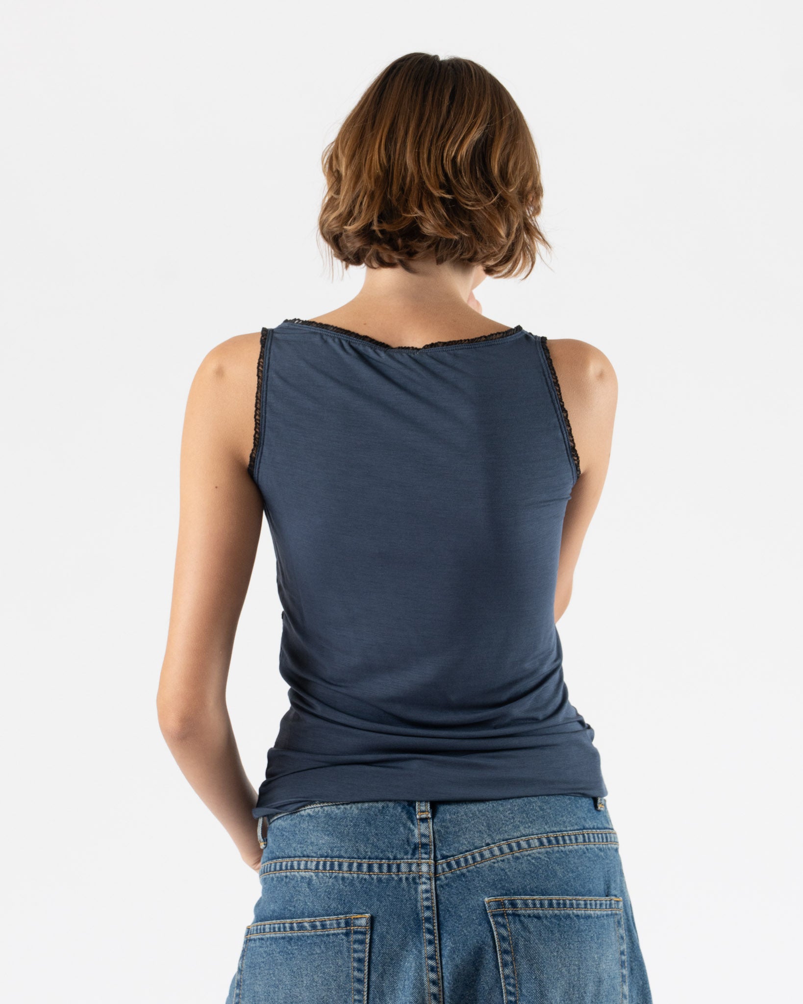 Fruity Booty Frill Wrap Top in Navy