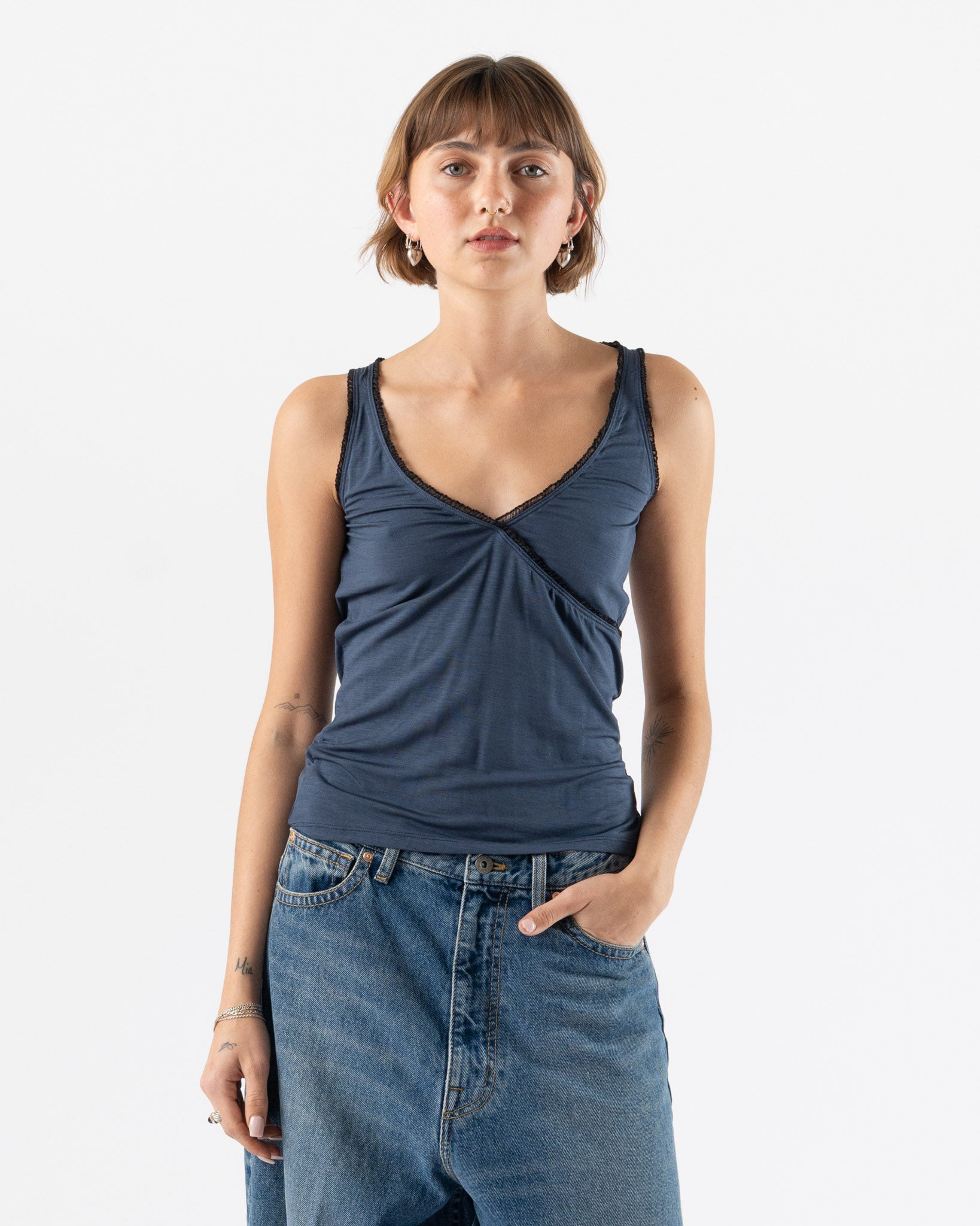 Fruity Booty Frill Wrap Top in Navy