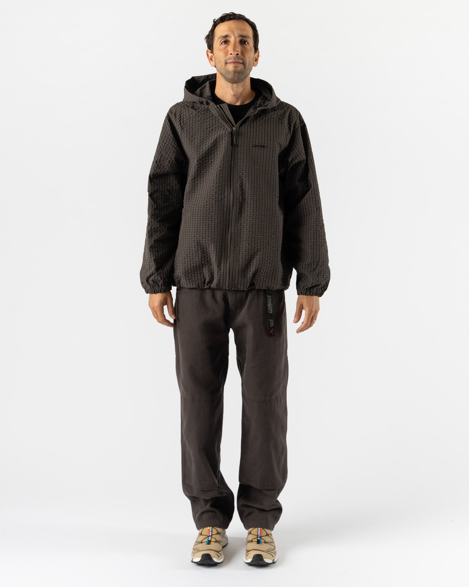 Gramicci Northside Plaid Hooded Jacket in Deep Brown
