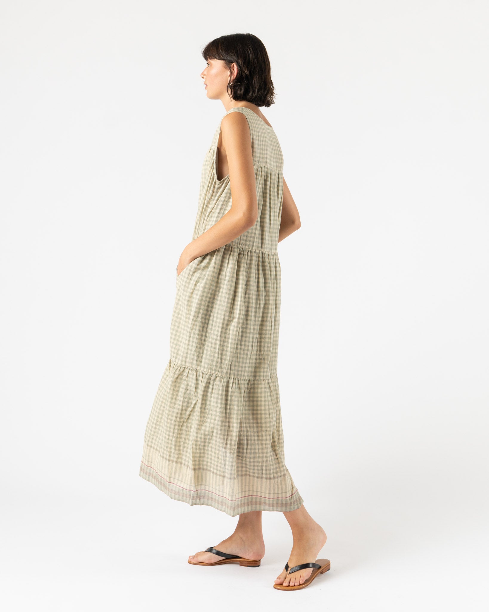 Ichi Antiquités Gingham Check India Khadi Cotton Dress in Khaki
