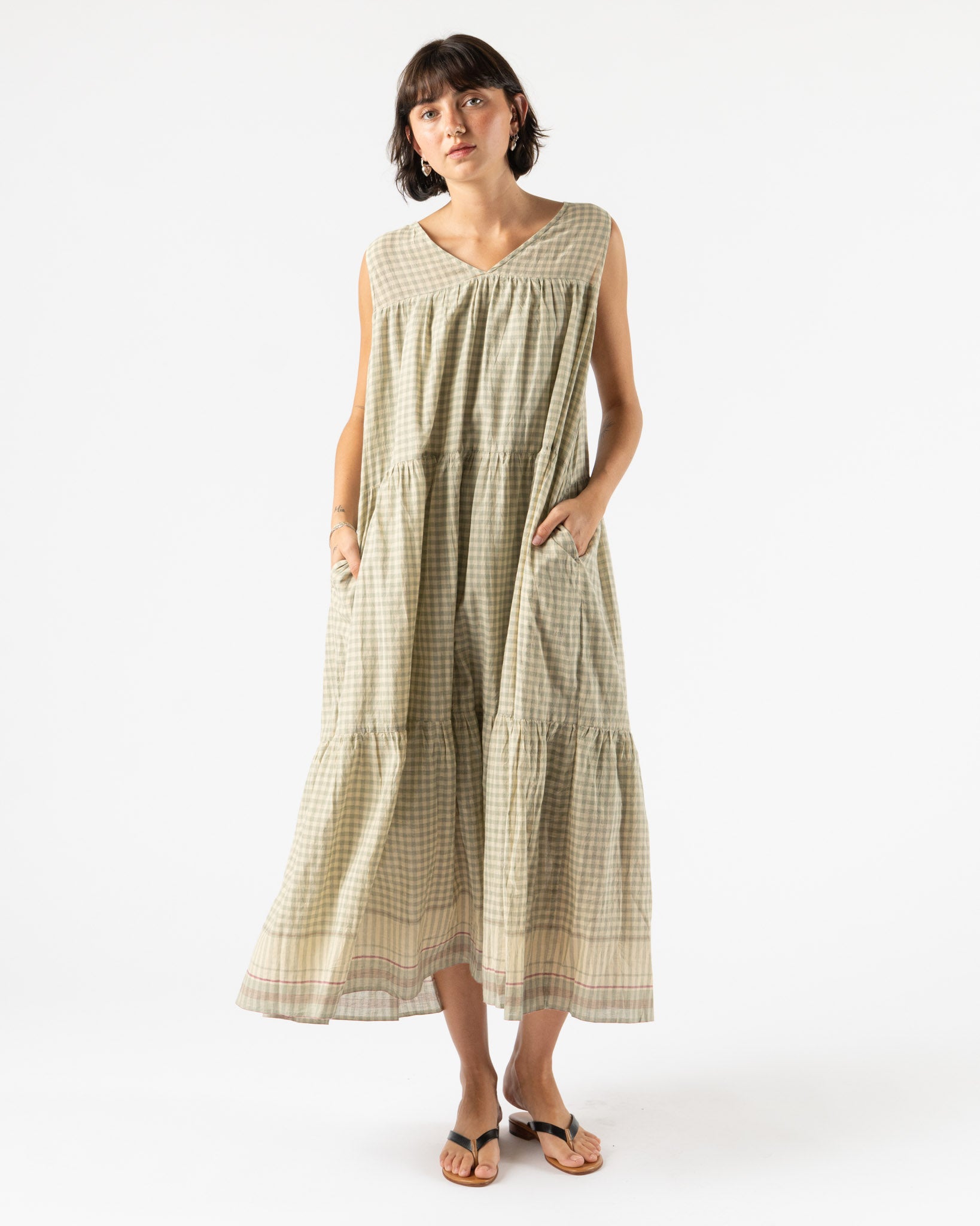 Ichi Antiquités Gingham Check India Khadi Cotton Dress in Khaki
