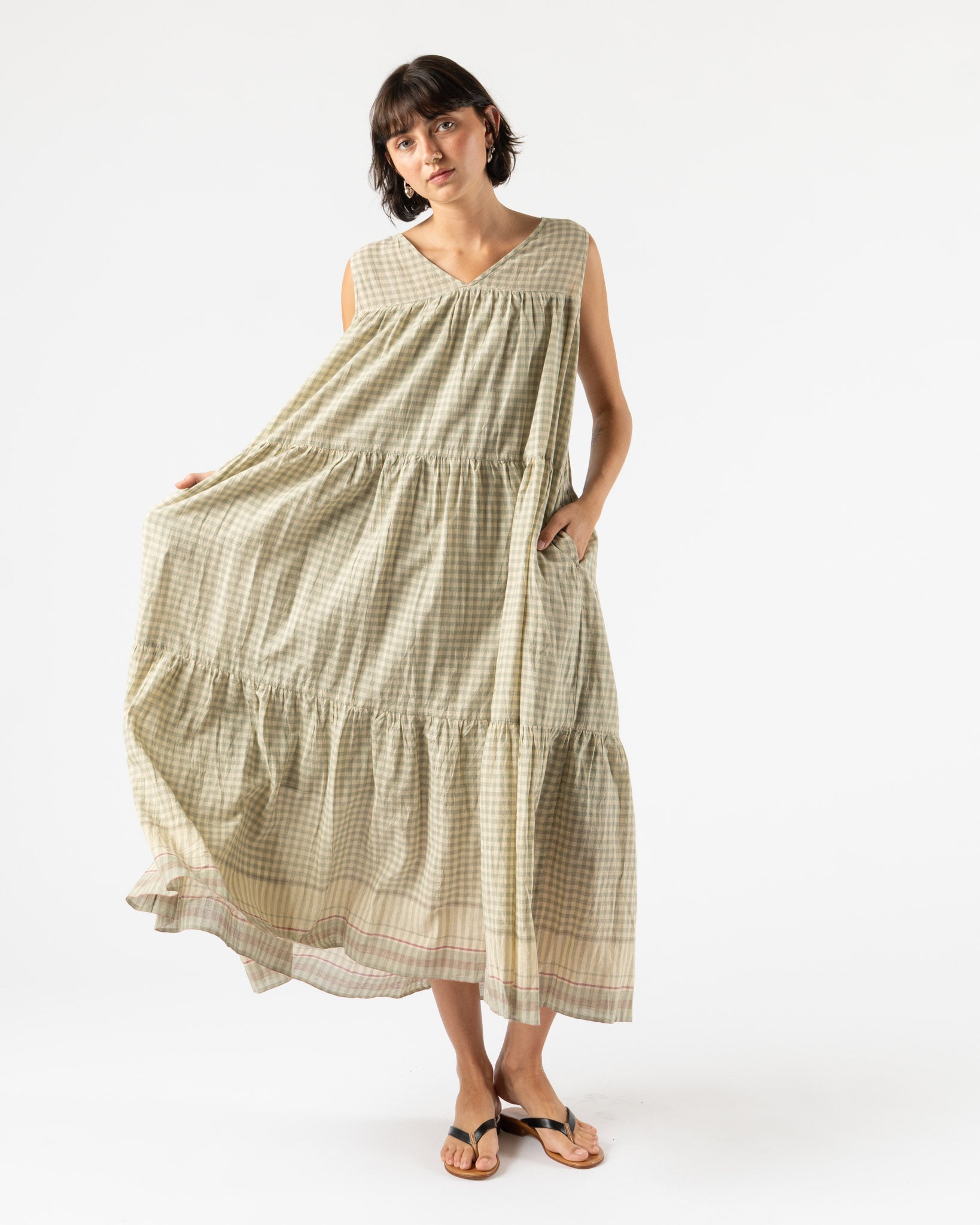 Ichi Antiquités Gingham Check India Khadi Cotton Dress in Khaki
