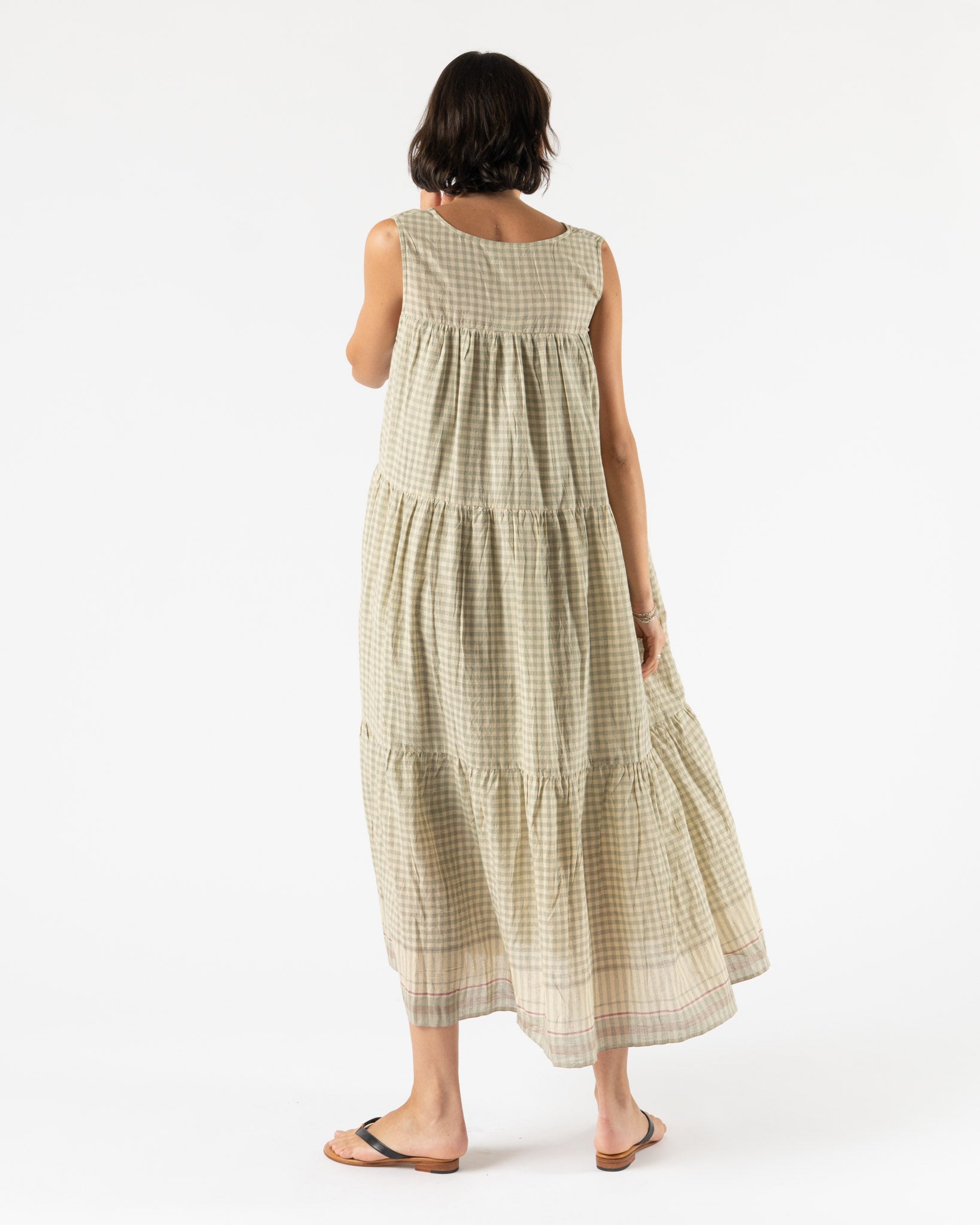 Ichi Antiquités Gingham Check India Khadi Cotton Dress in Khaki