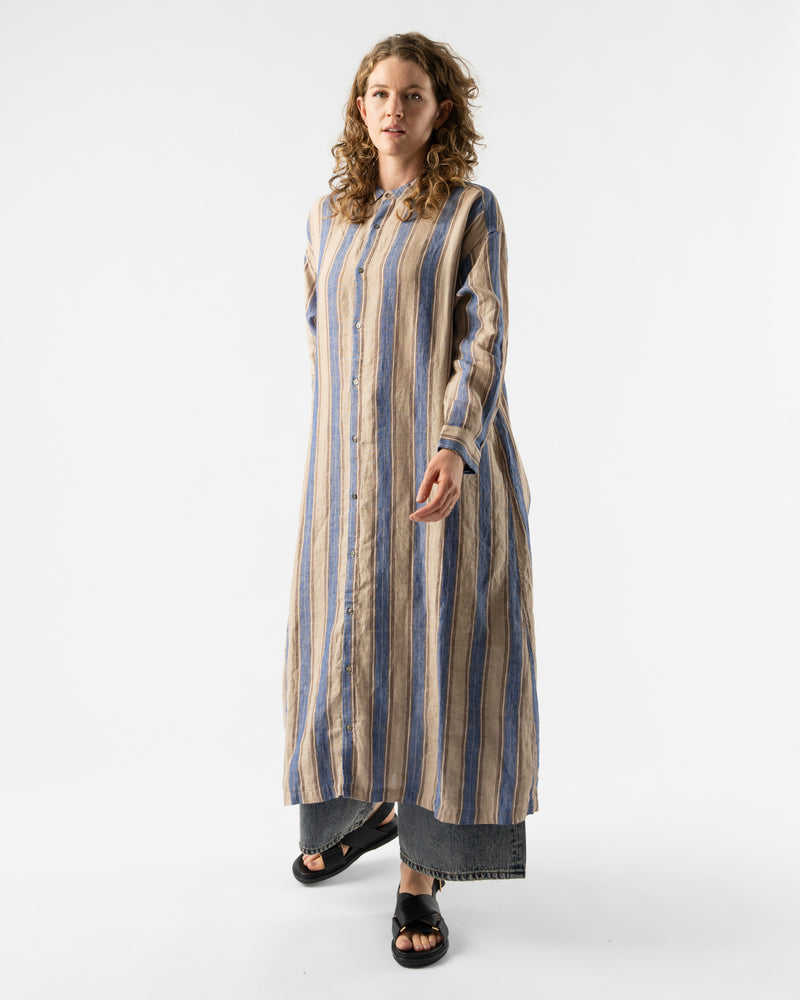Ichi Antiquités Linen Stripe Shirt Dress in Blue