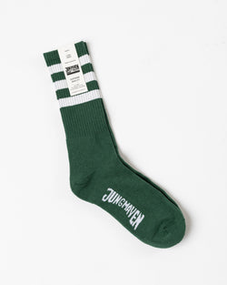 Jungmaven Town and Country Crew Socks in White Stripes on Hunter Green