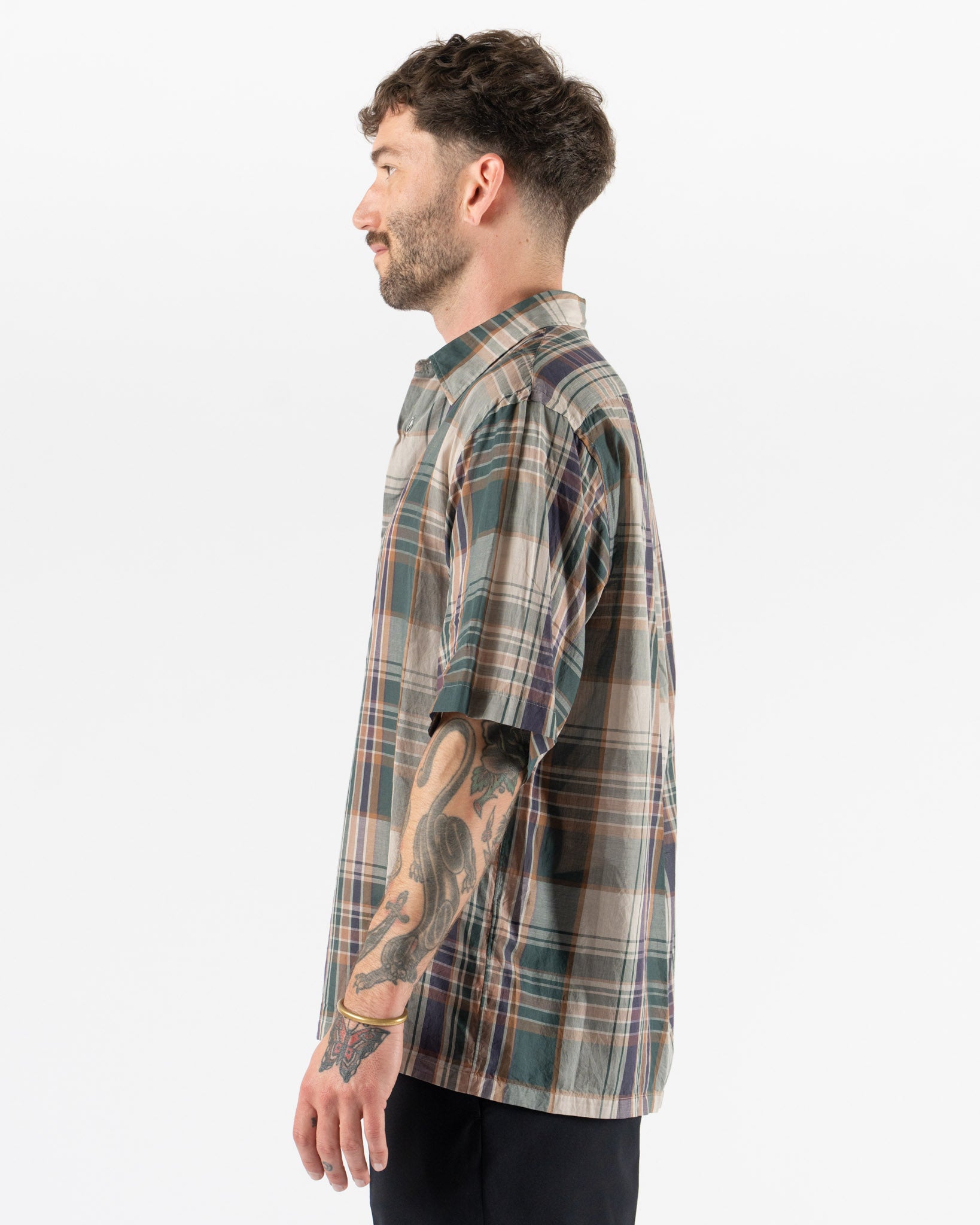 Kaptain Sunshine Gauze Plaid Plain SS Shirt in Forest Plaid