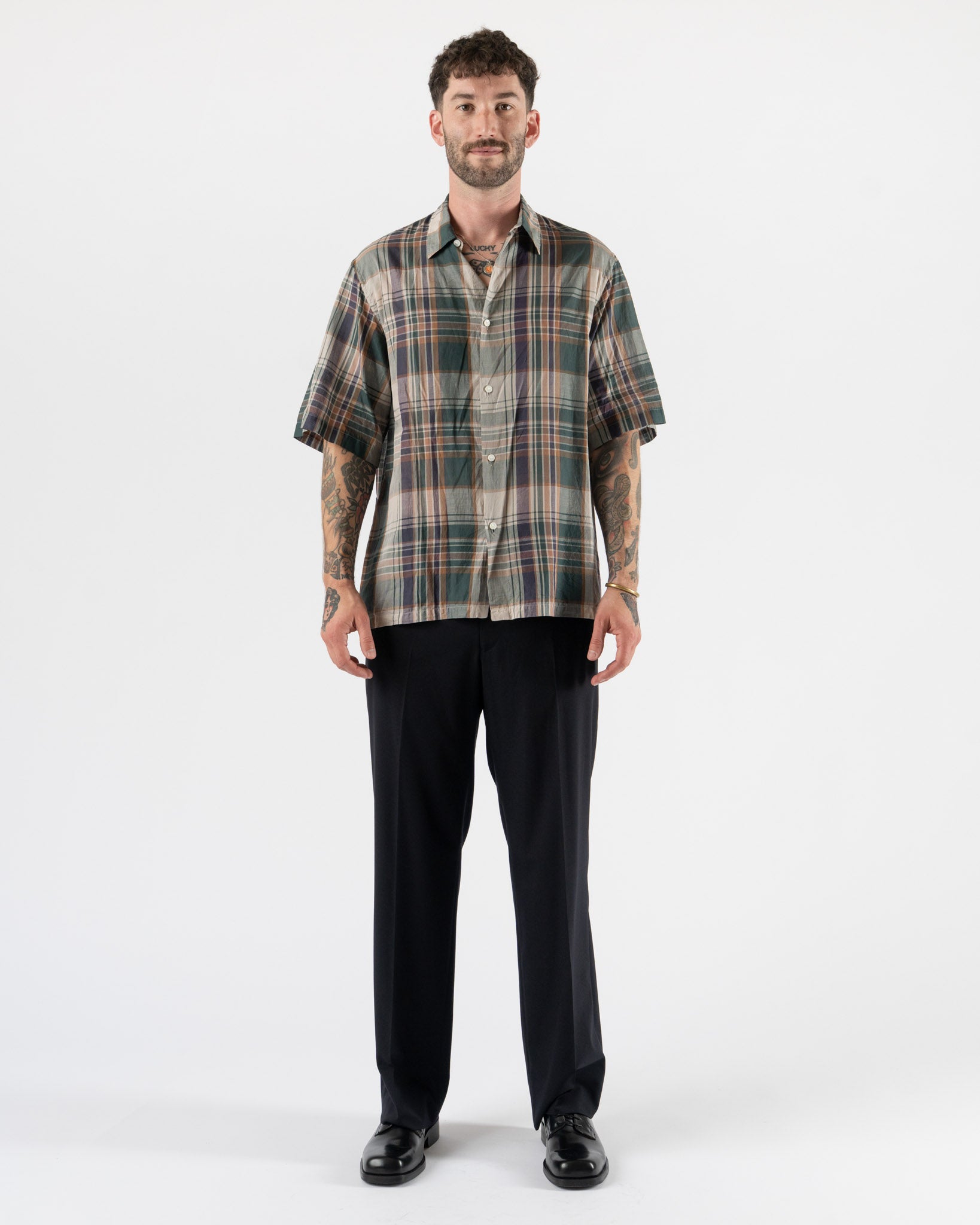 Kaptain Sunshine Gauze Plaid Plain SS Shirt in Forest Plaid
