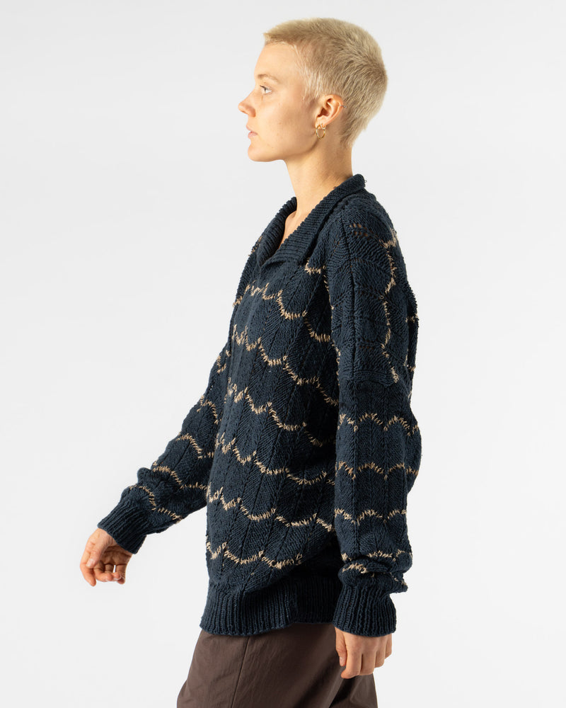 Kartik Research Rugby Knit Sweater in Indigo/Beige