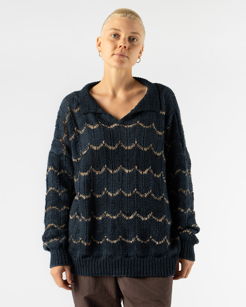 Kartik Research Rugby Knit Sweater in Indigo/Beige