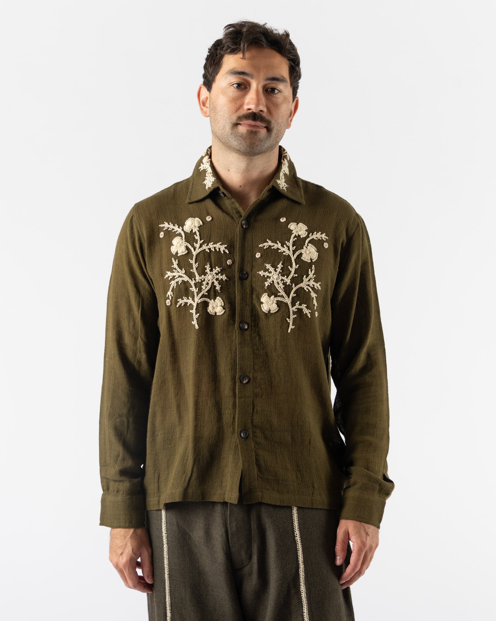 Kartik Research Western Shirt in Olive/Ecru
