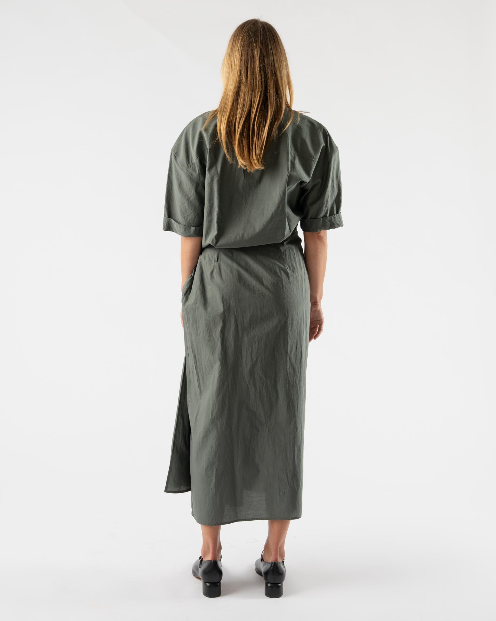 Lemaire Asphalt Short Sleeve Wrap Dress in Washed Cotton Silk