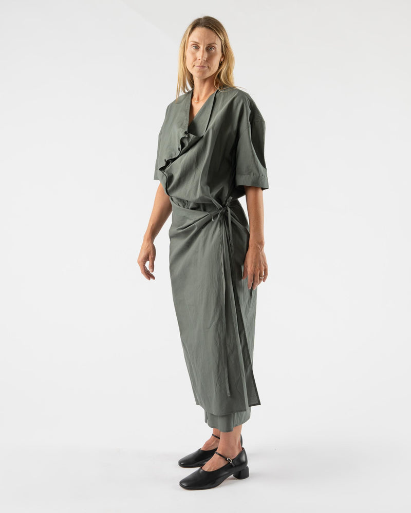 Lemaire Asphalt Short Sleeve Wrap Dress in Washed Cotton Silk