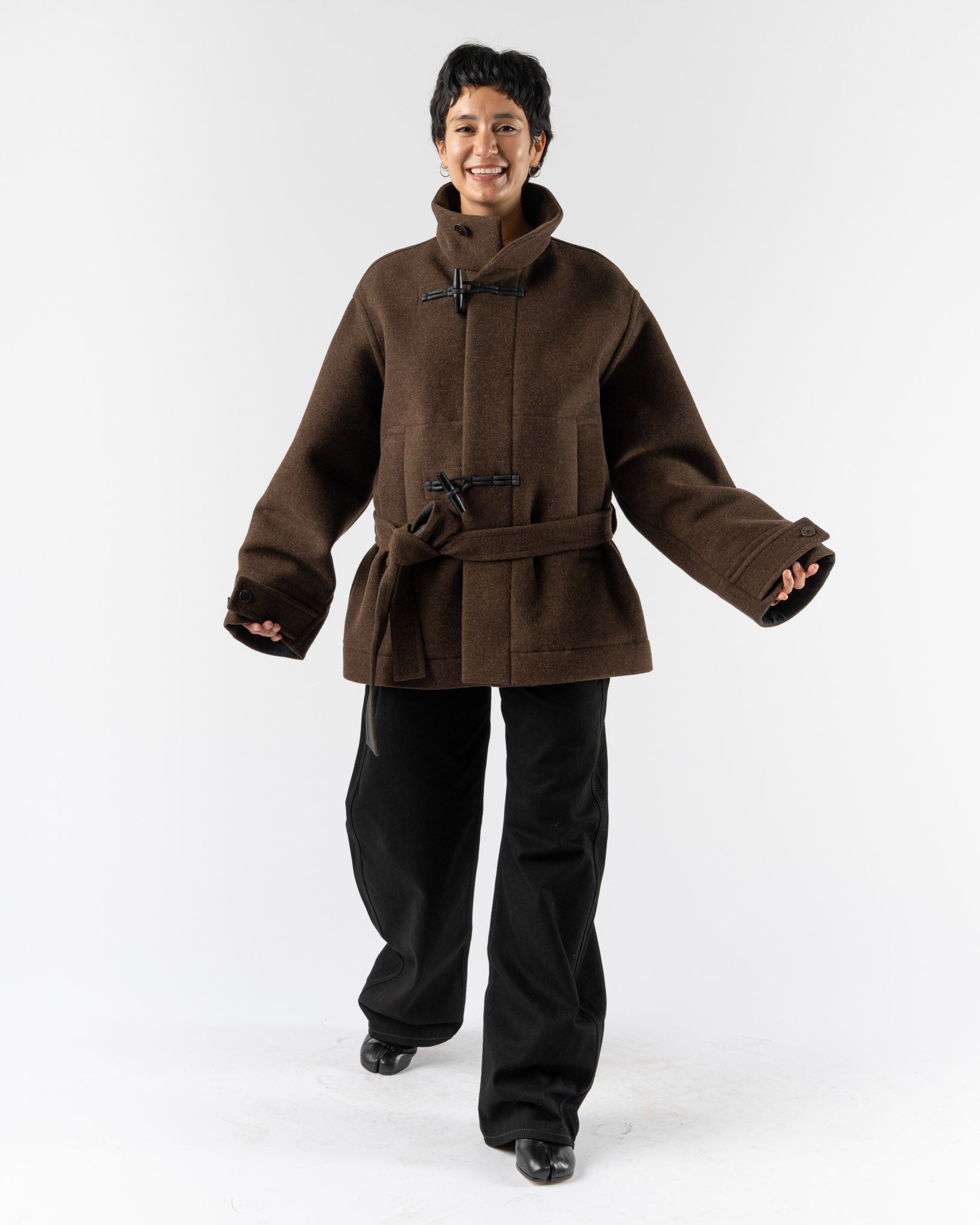 Lemaire Short Bathrobe Duffle Coat in Brown Chine Curated at