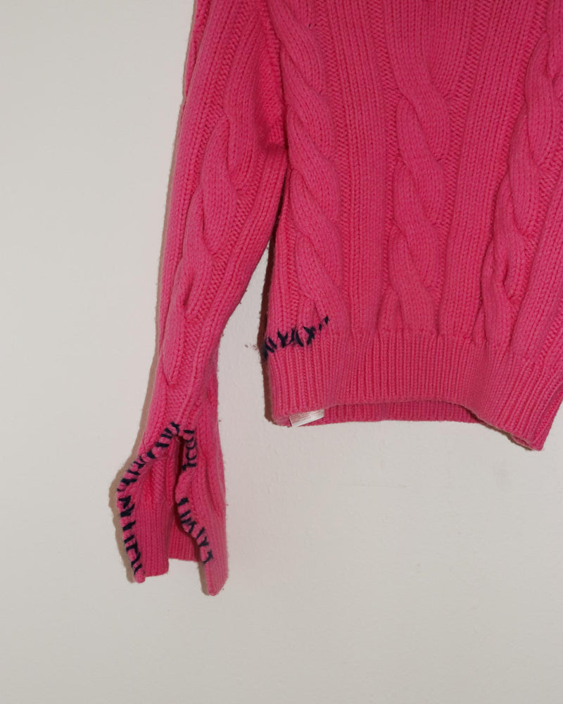 Pre-owned: Marni Embroidered Cable Knit V-Neck Sweater in Pink Fuchsia