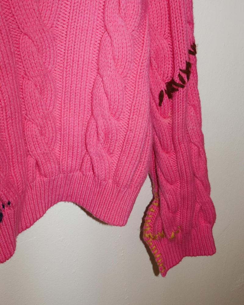 Pre-owned: Marni Embroidered Cable Knit V-Neck Sweater in Pink Fuchsia