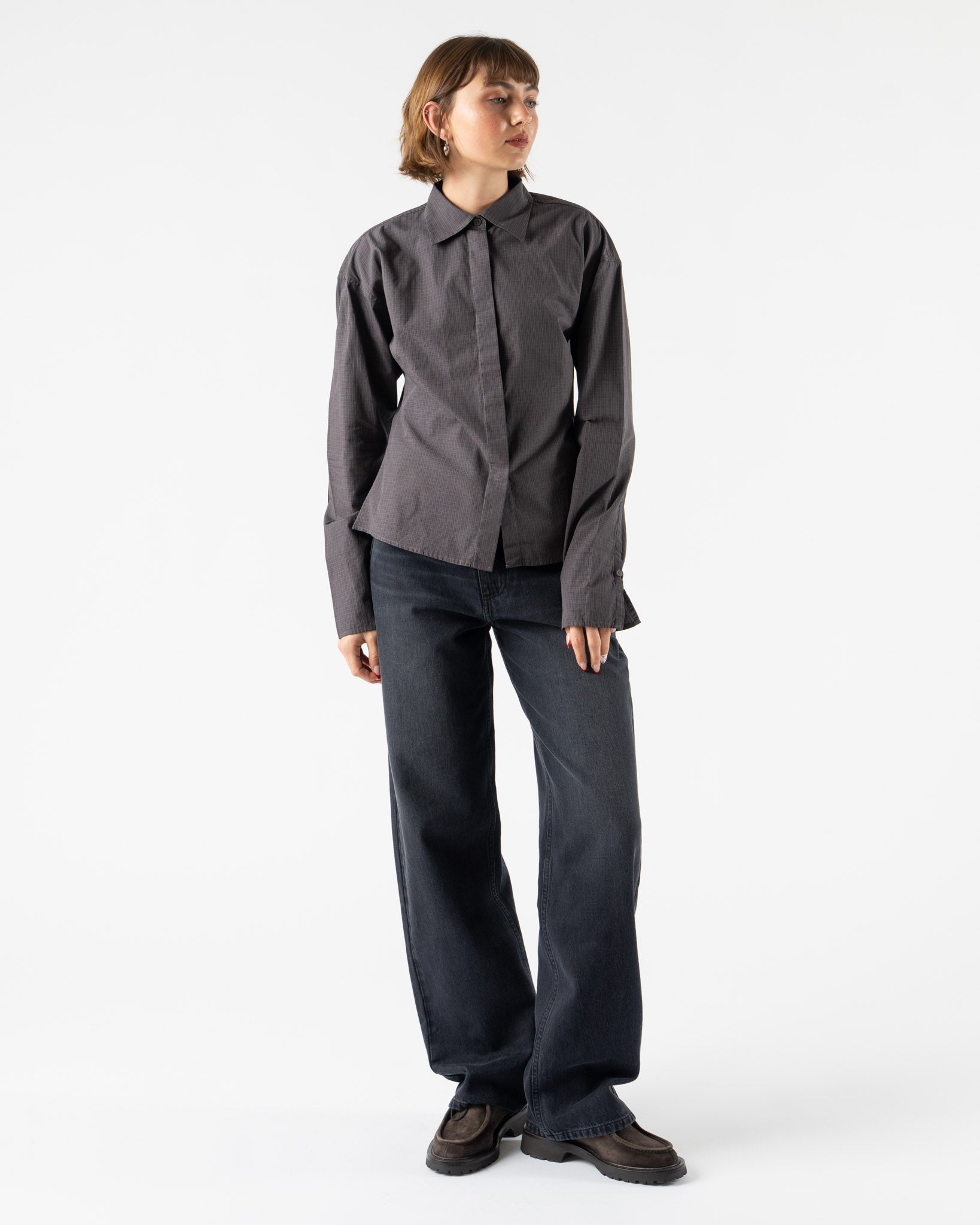 mfpen Software Shirt in Mushroom Micro Check Poplin Curated at