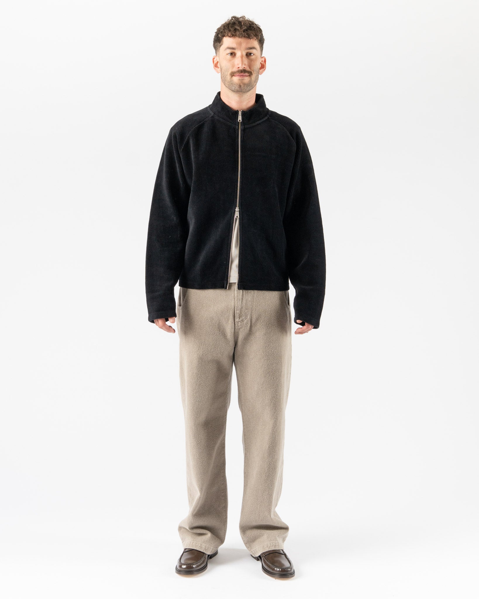 mfpen Leisure Zip Up in Black Jersey Cord