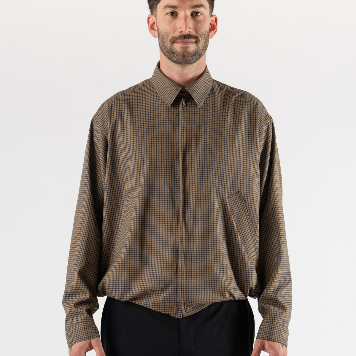 Kaptain Sunshine Summer Wool Zip Blouson in Khaki Plaid Curated at 