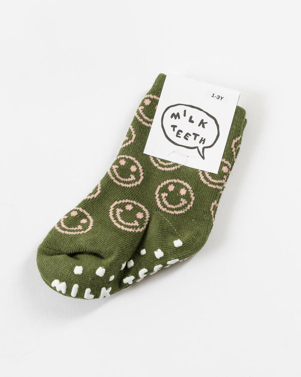 Milk Teeth Grip Sock in Olive Smile