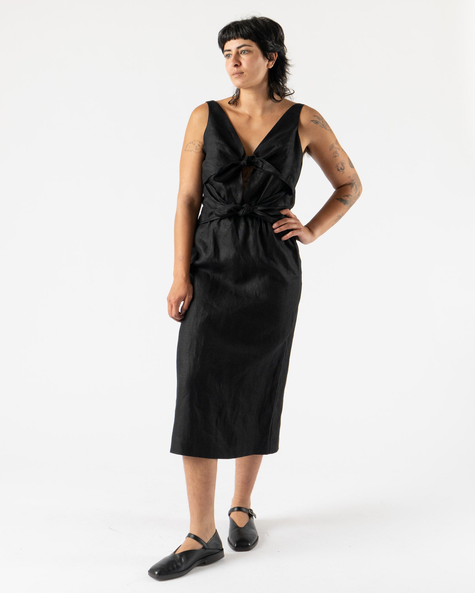 Modern Weaving Double Tie Front Dress in Black Linen
