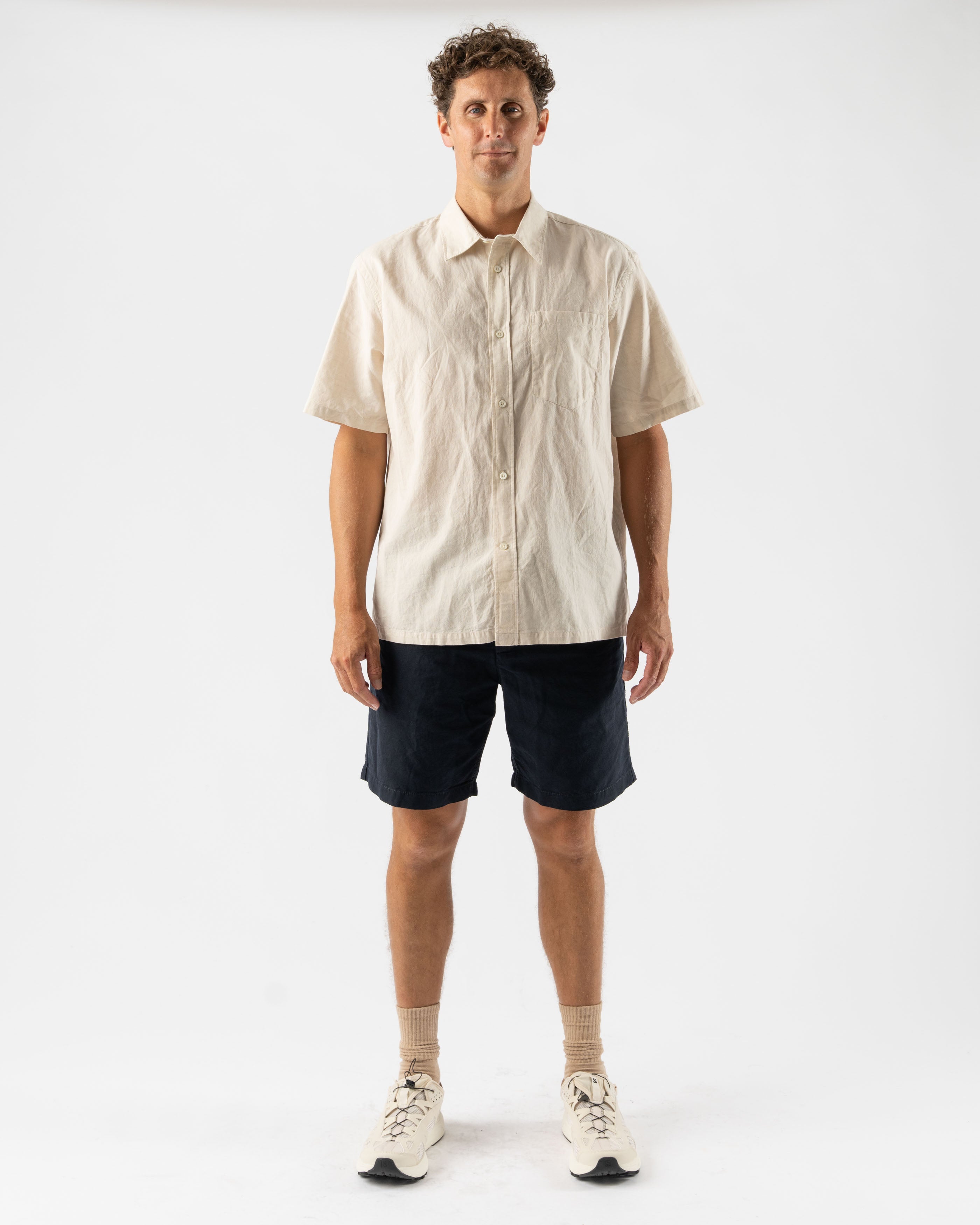 Norse Projects Ivan Relaxed Cotton Linen Short Sleeve Shirt in Ecru