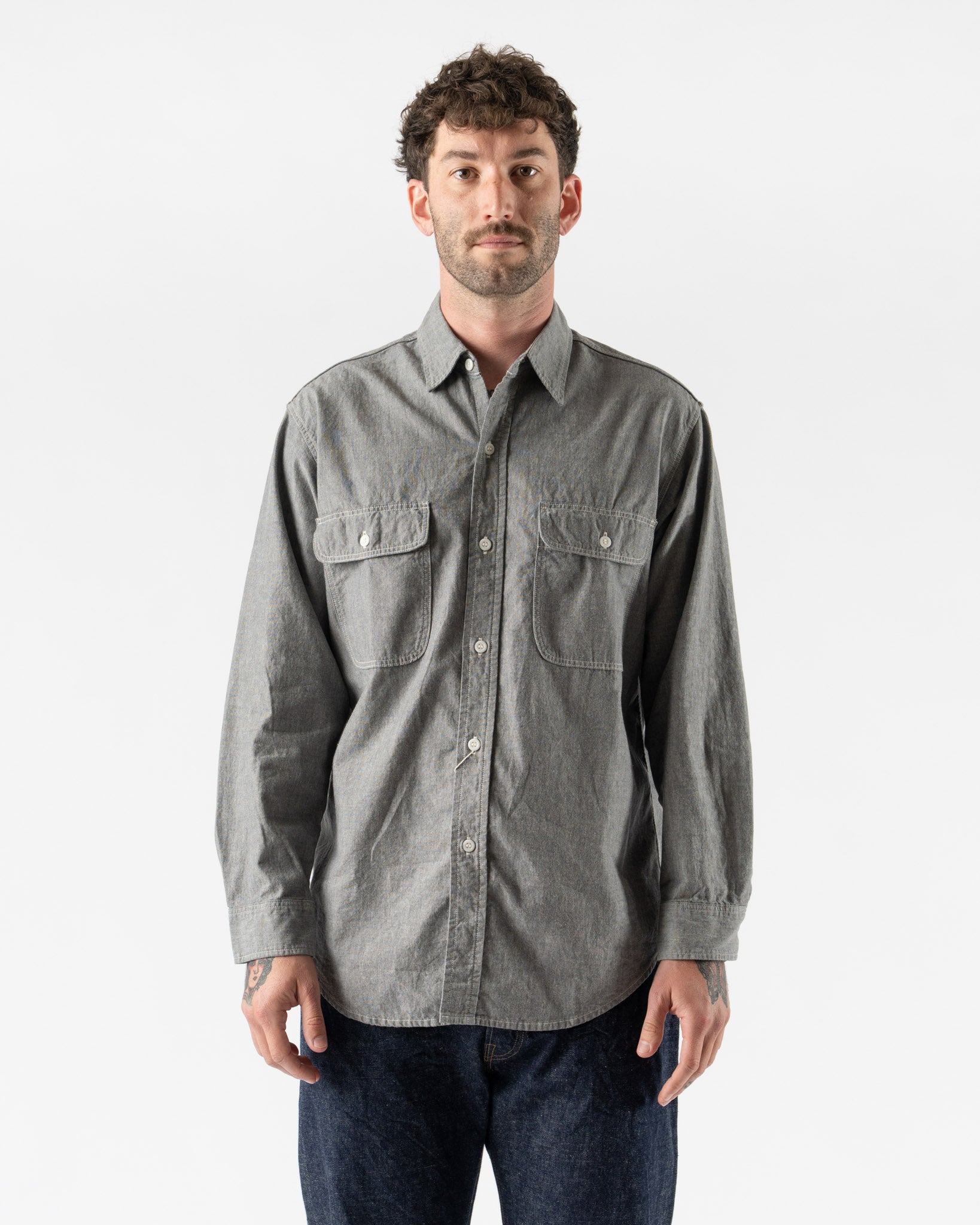 orSlow Gray Chambray Work Shirt with Flap Pocket