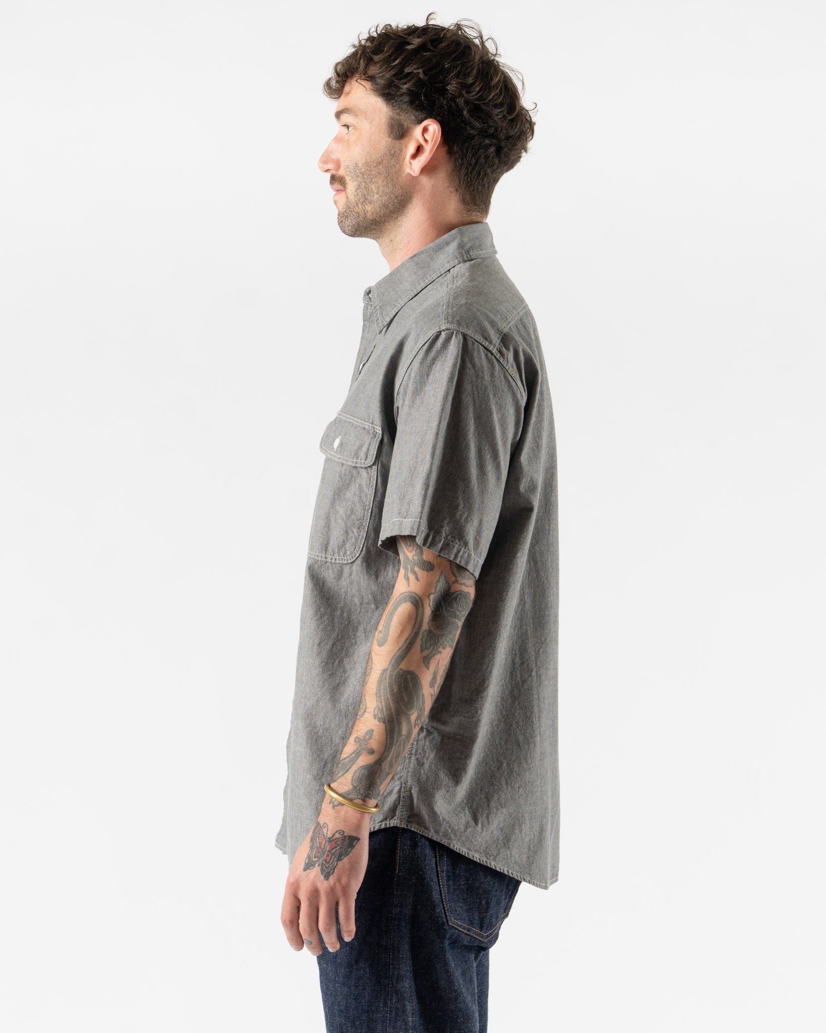 orSlow Short Sleeve Gray Chambray Work Shirt with Flap Pocket