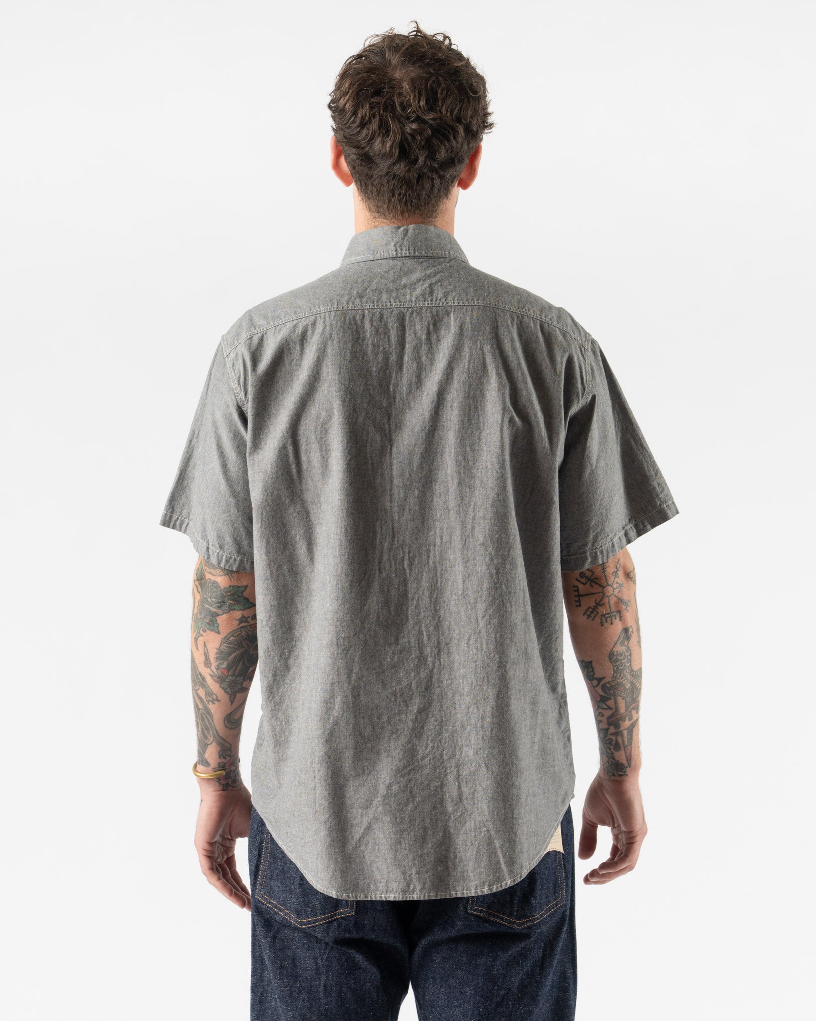 orSlow Short Sleeve Gray Chambray Work Shirt with Flap Pocket