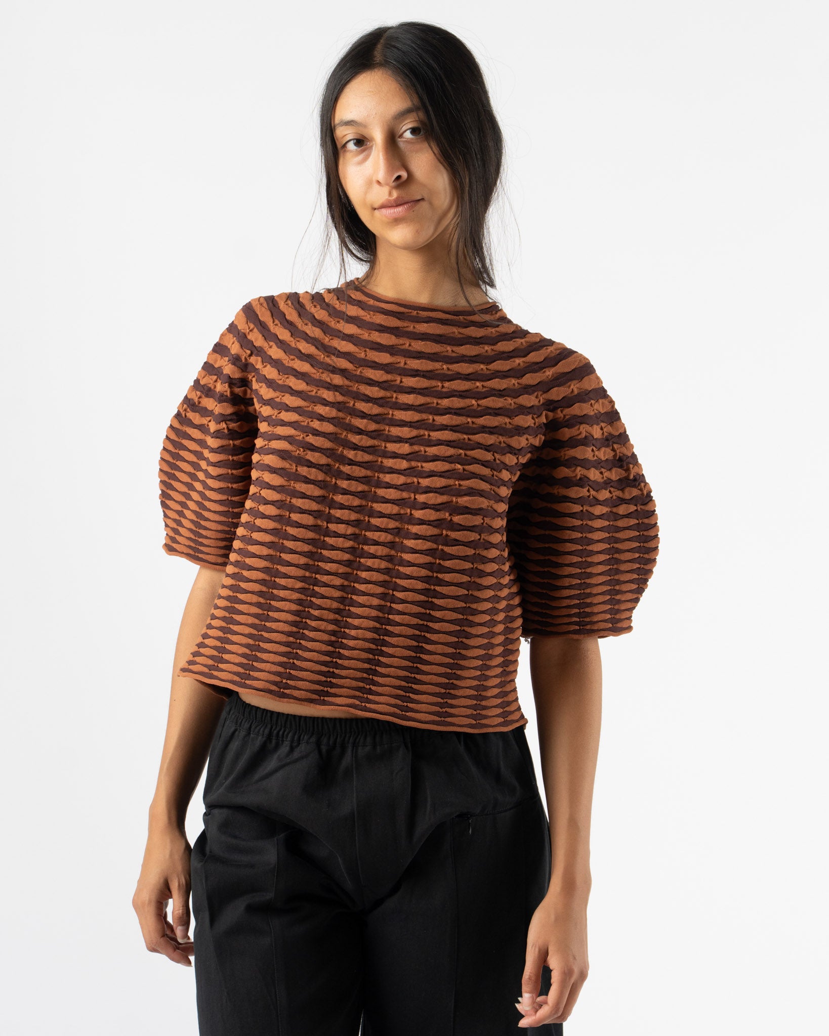 Pleats Please Issey Miyake Colorful Mushroom Knit Top in Brown